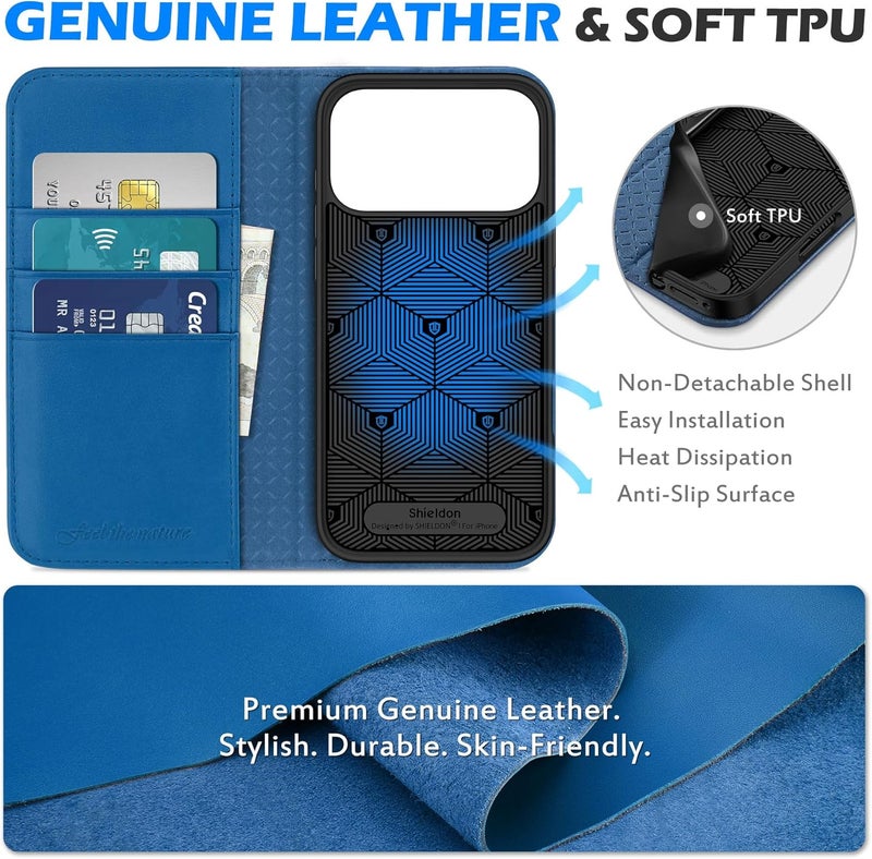 SHIELDON Case Wallet for iPhone 17 Pro Max 6.9-inch 2025 | Genuine Leather, Magnetic Closure, RFID Blocking Credit Card Slot, Kickstand, Foldable Full Protective Cover - Sapphire Blue - Image 3